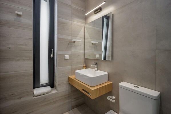 Un baño moderno con ducha integrada, un lavamanos blanco y un inodoro.