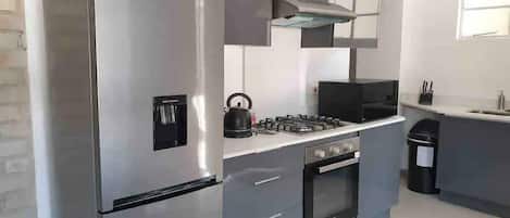 Una cocina moderna con electrodomésticos de acero inoxidable, estufa a gas y horno empotrado.