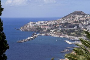 A coastal cityscape with a prominent hill, a marina with boats, and dense urban development. - Funchal Bay View Villa by Homie (Funchal)