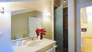 Baño con lavamanos, espejo y zona de ducha.