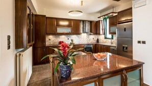 A modern kitchen with dark wood cabinets, a granite countertop, stainless steel appliances, and a central island with a potted plant. - Villa Eagles - With Private Pool (Rethymno)