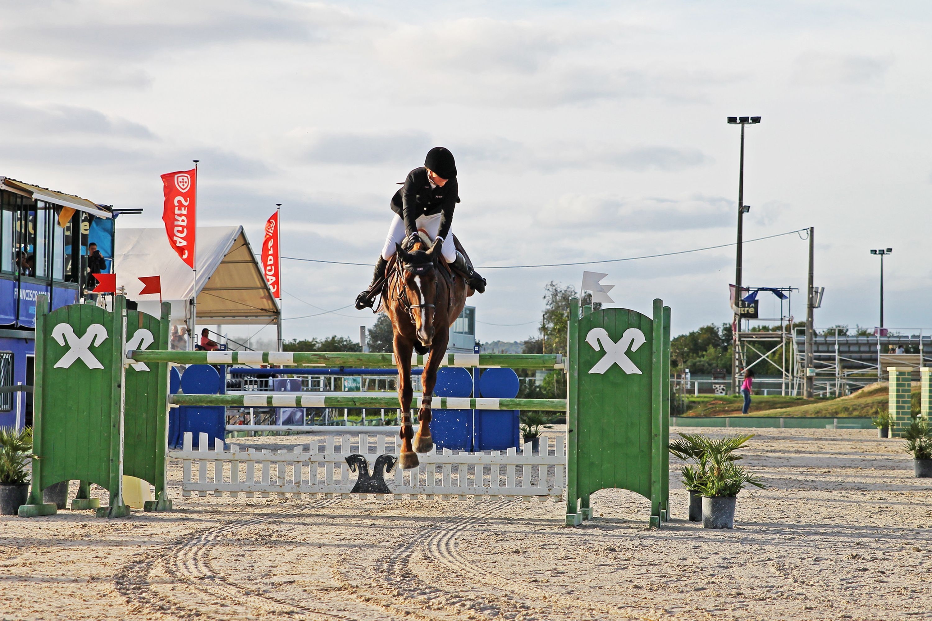 A horse jumping over an obstacle in an equestrian event.