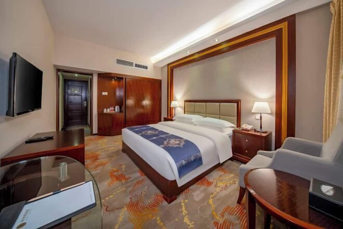 Una habitación de hotel con cama, escritorio, silla, televisor y armario.