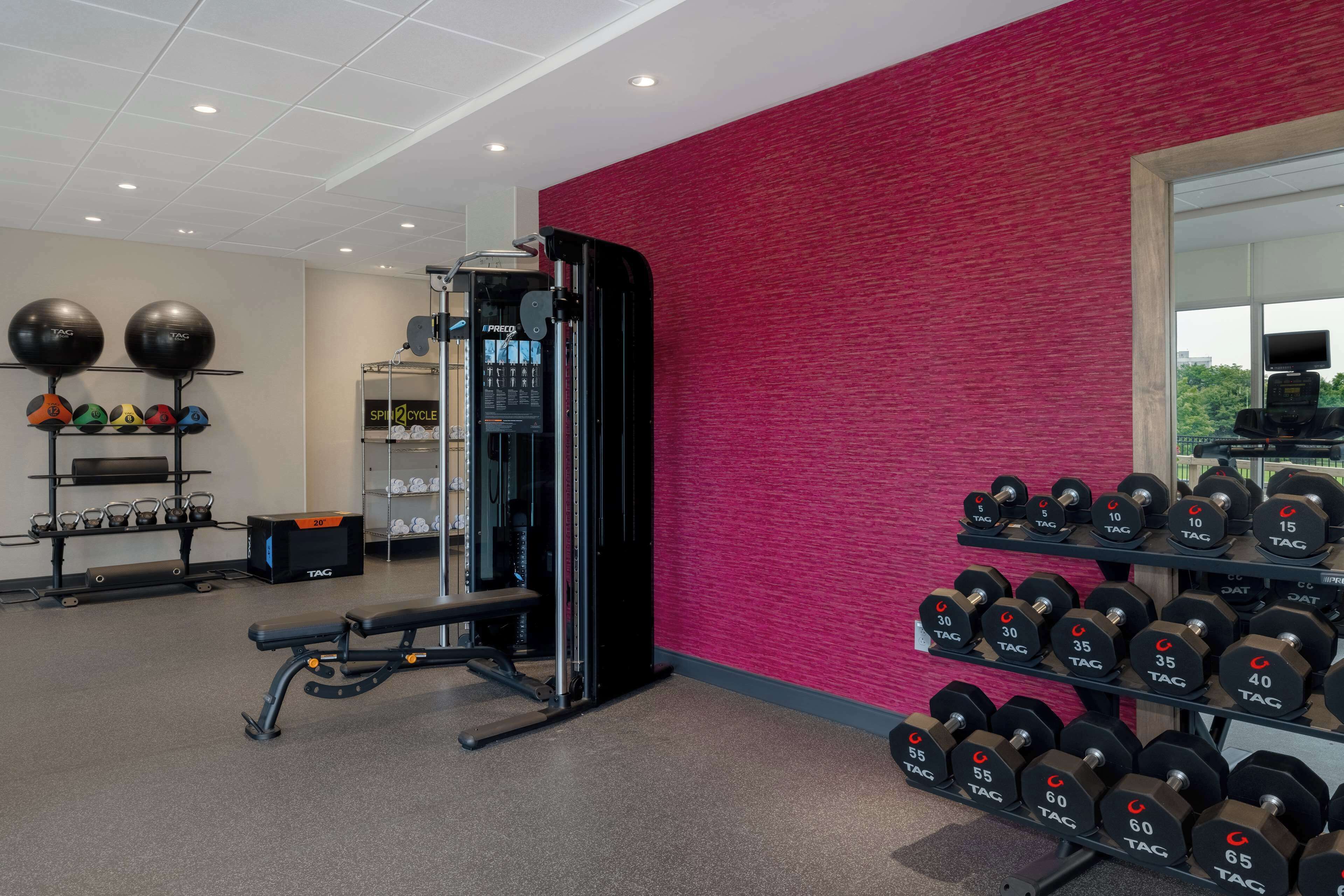 A gym with exercise equipment, dumbbells, and a wall-mounted rack.