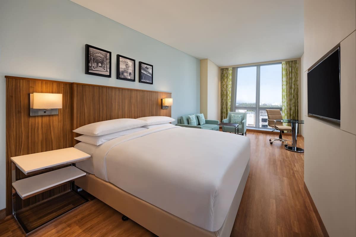 Relax in comfort with a large bed, a seating area, and a flat-screen TV.
