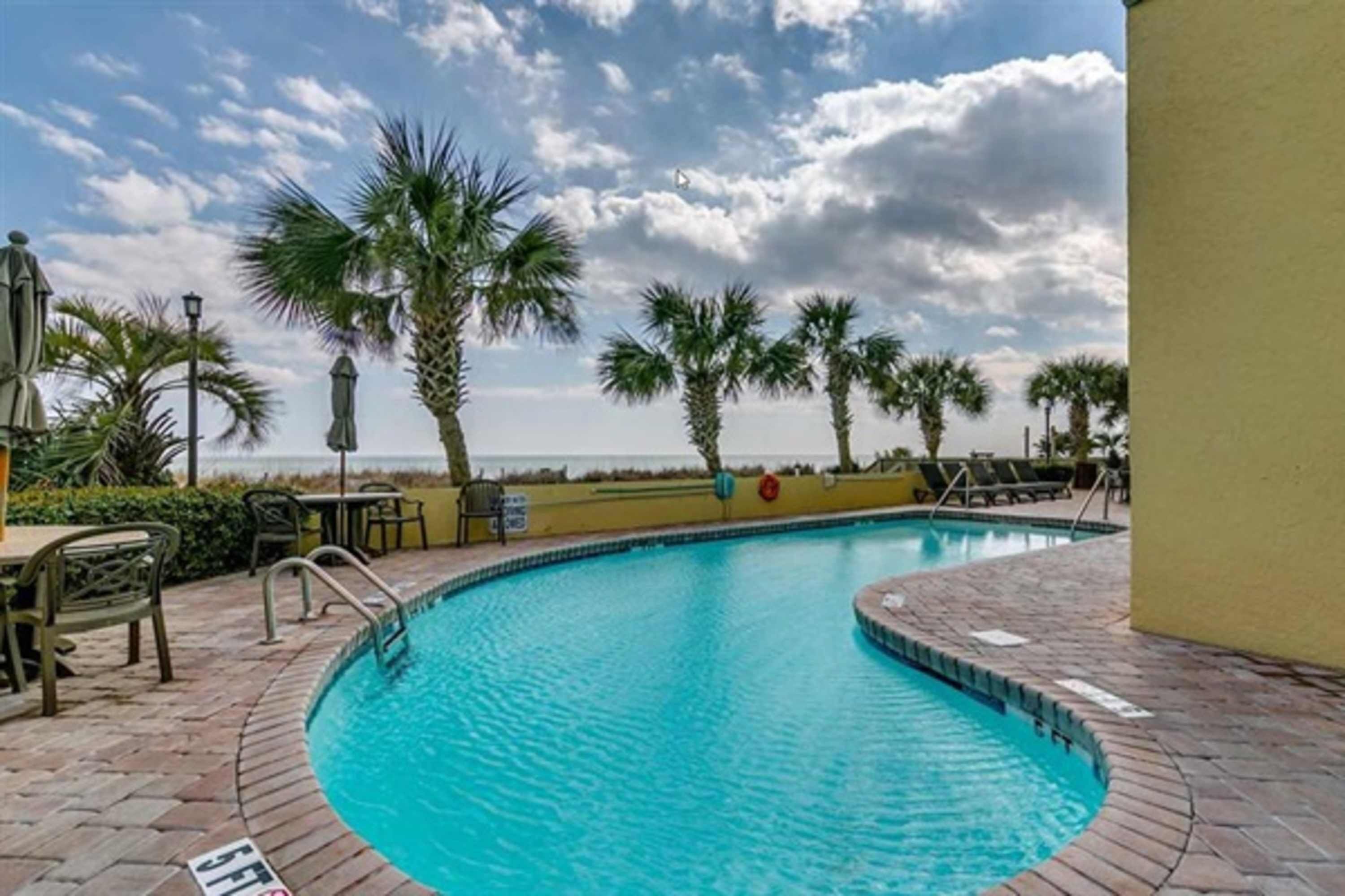A swimming pool with palm trees and a view of the ocean.
