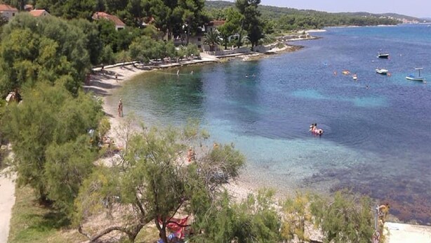 A coastal area with clear waters, boats, and a beach with trees and buildings in the background.