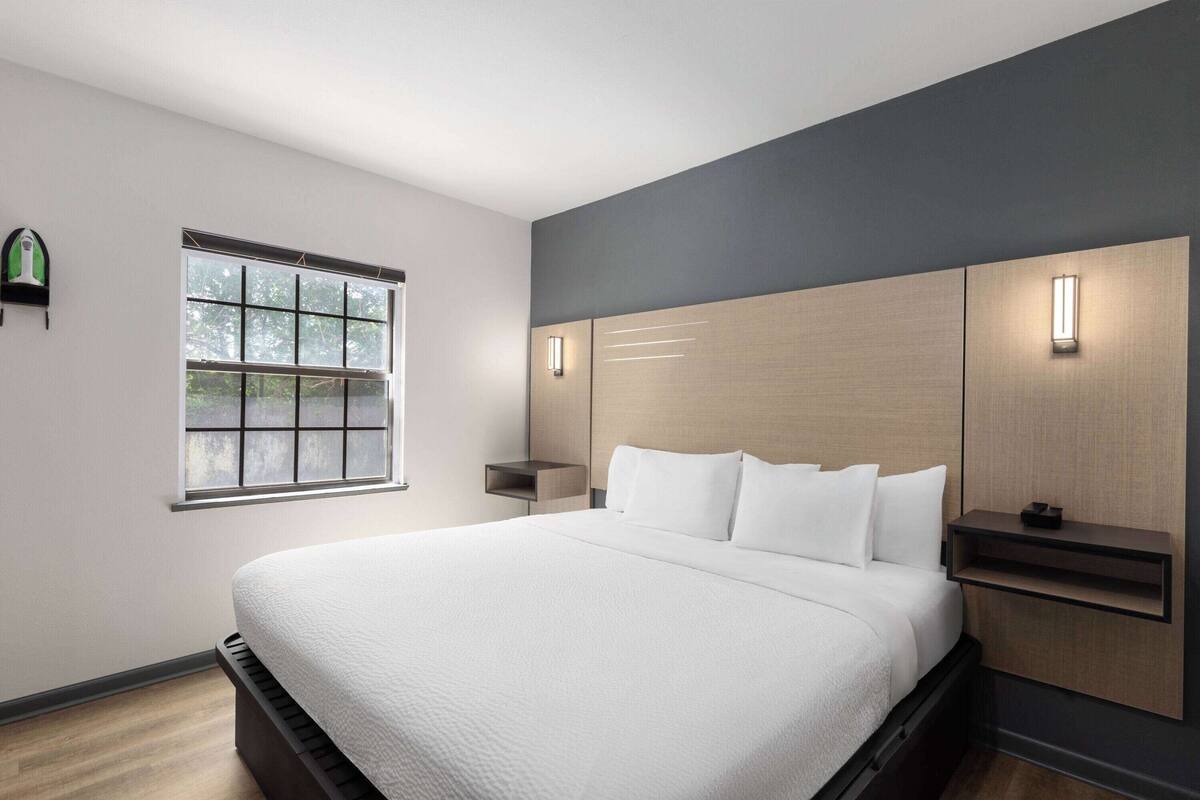 A modern bedroom with a large bed, a window, and built-in lighting.