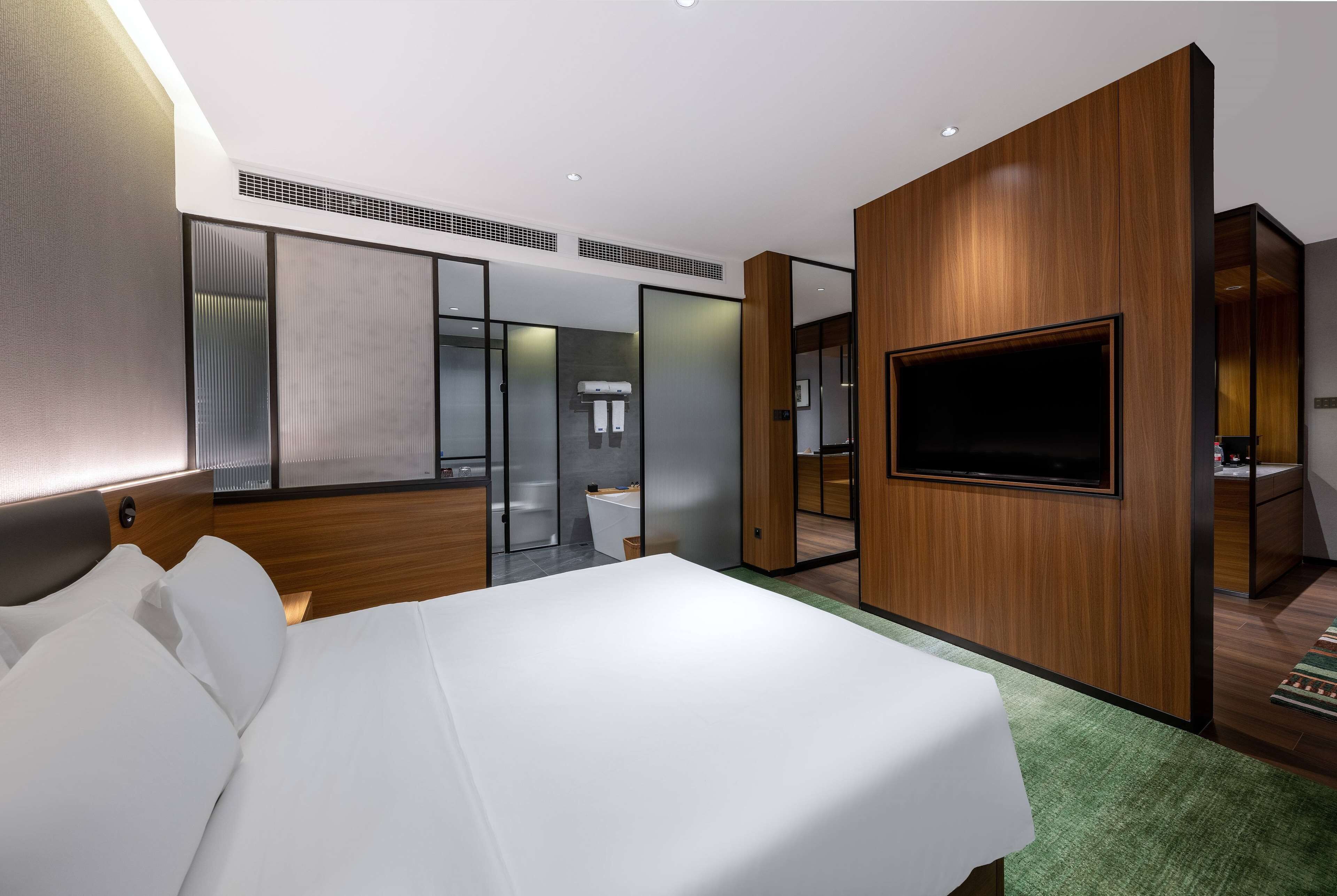 Habitación de hotel moderna con una cama grande, televisor de pantalla plana, baño con ducha e inodoro, y una alfombra verde.