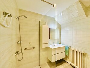 Shower, hair dryer, towels