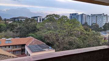 A view from a balcony overlooking a residential area with trees and modern buildings.