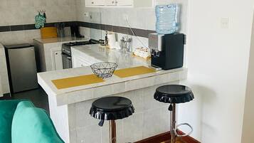Apartamento clásico | Cocina privada | Frigorífico pequeño, microondas, horno y placa de cocina