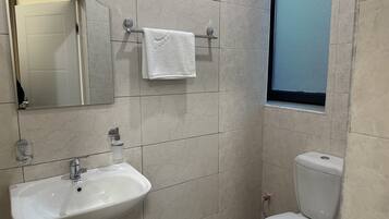 A bathroom with a white sink, a toilet, and a mirror.