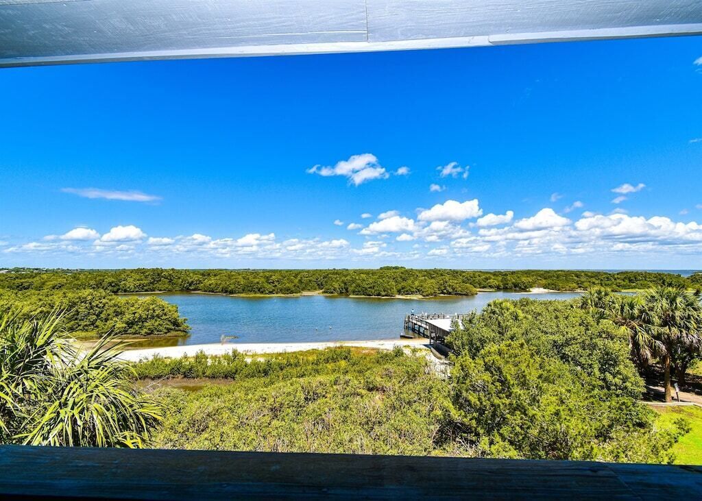 A view of a lake surrounded by dense greenery, a bridge, and a clear blue sky.
