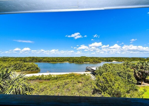 Vista de um lago rodeado por vegetação densa, uma ponte e um céu azul límpido.