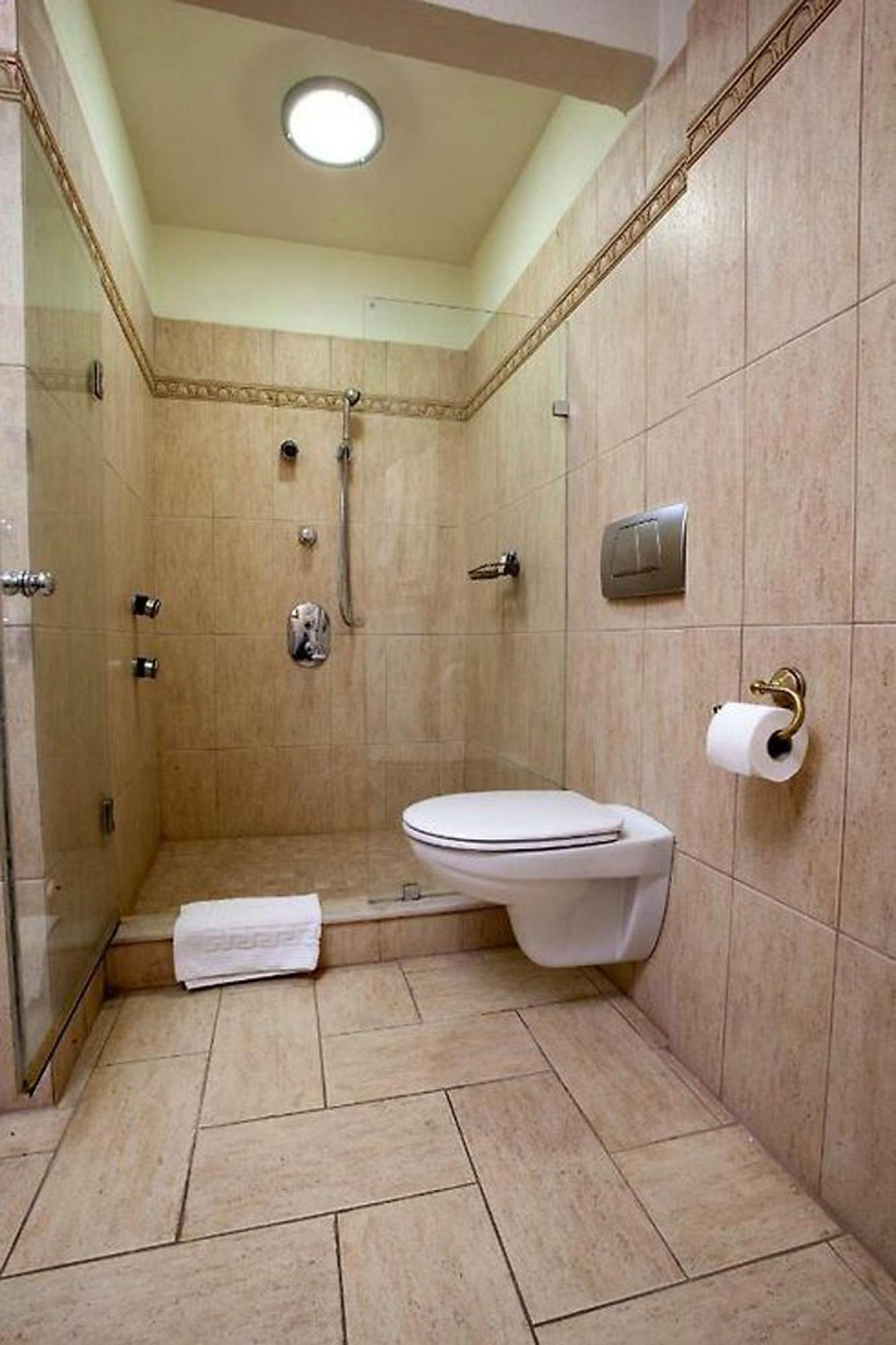 A bathroom with a shower, toilet, and a towel rack.