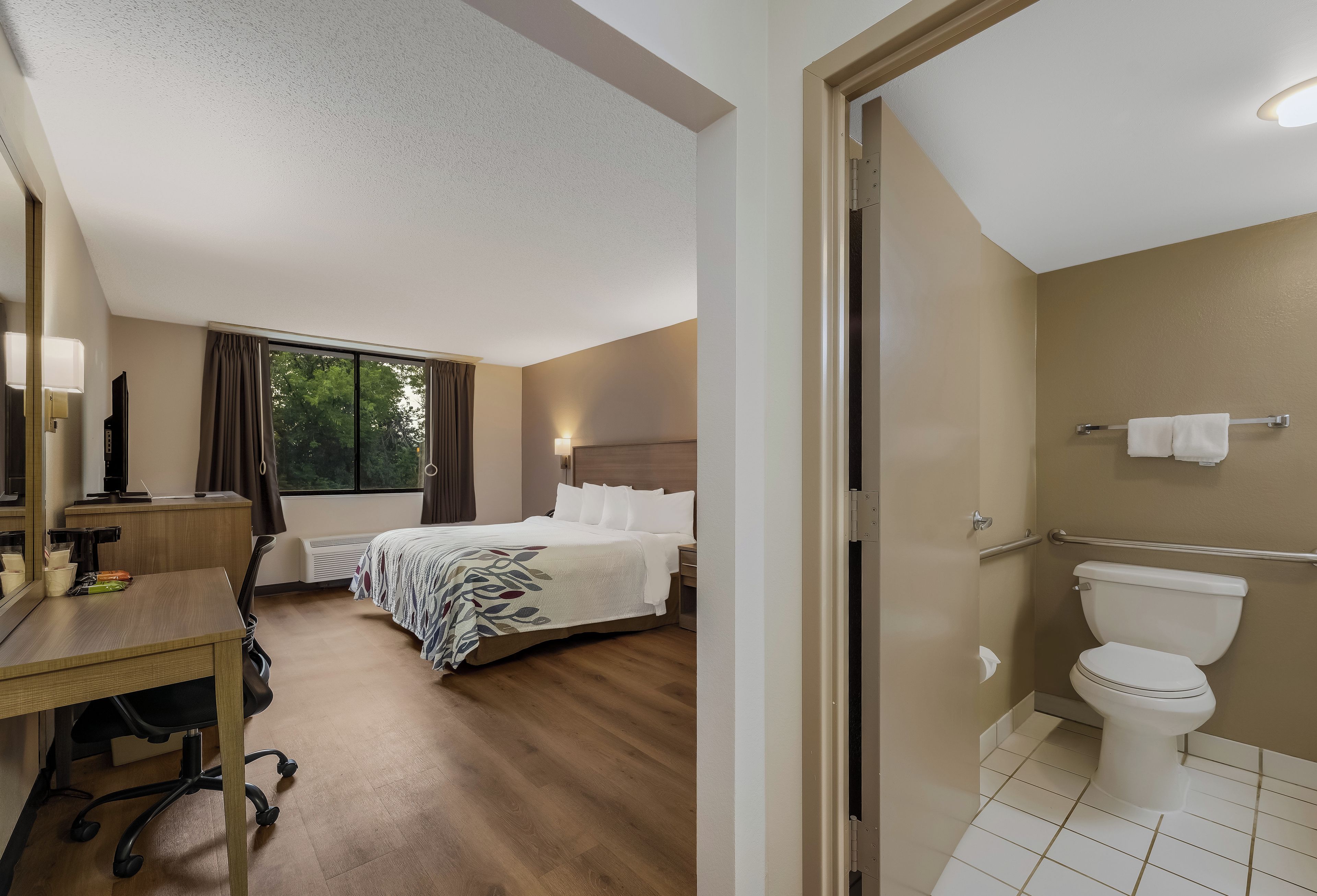 A hotel room with a bed, bedside table, lamp, and a view of trees through the window.