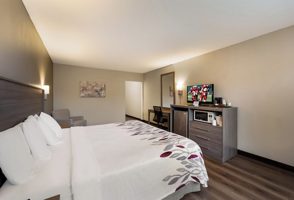 A hotel room with a bed, a desk, a television, and a refrigerator.