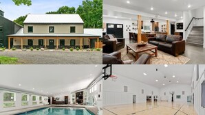 Una casa a due piani con un portico coperto, un soggiorno con camino, una sala da pranzo e un campo da basket.