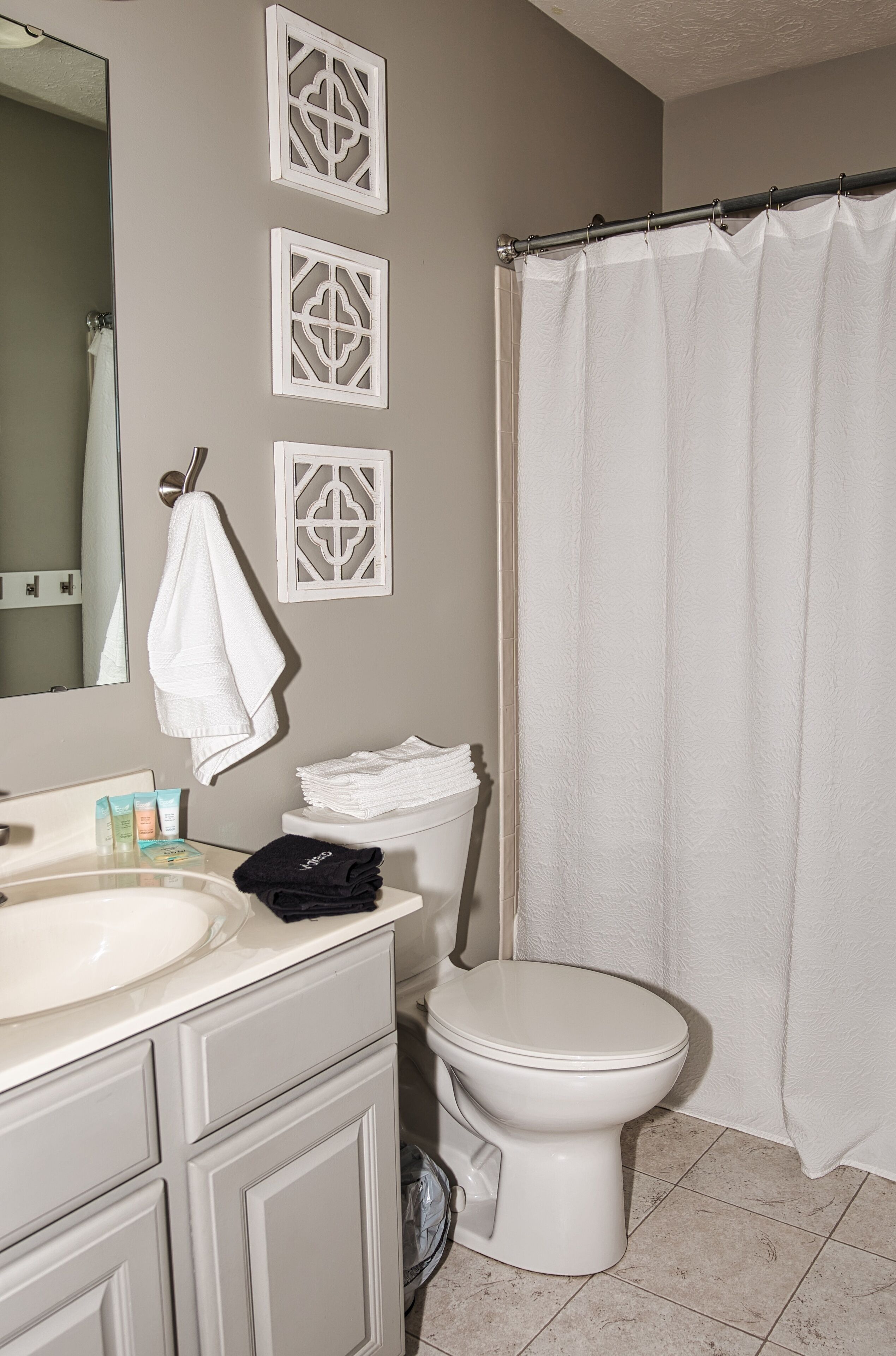 Hair dryer, towels, soap, shampoo