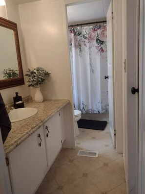 Hair dryer, towels, soap, toilet paper