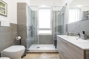 Shower, hair dryer, bidet, towels