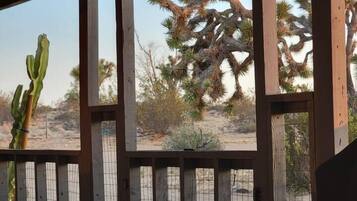 Een overdekt buitengebied met uitzicht op woesteinvegetatie, waaronder een cactus en Joshua-bomen.
