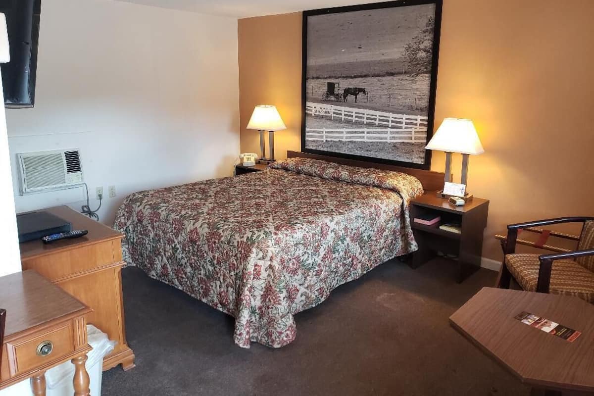 A hotel room with a large bed, two bedside lamps, a desk with a chair, a TV, and a framed picture on the wall.