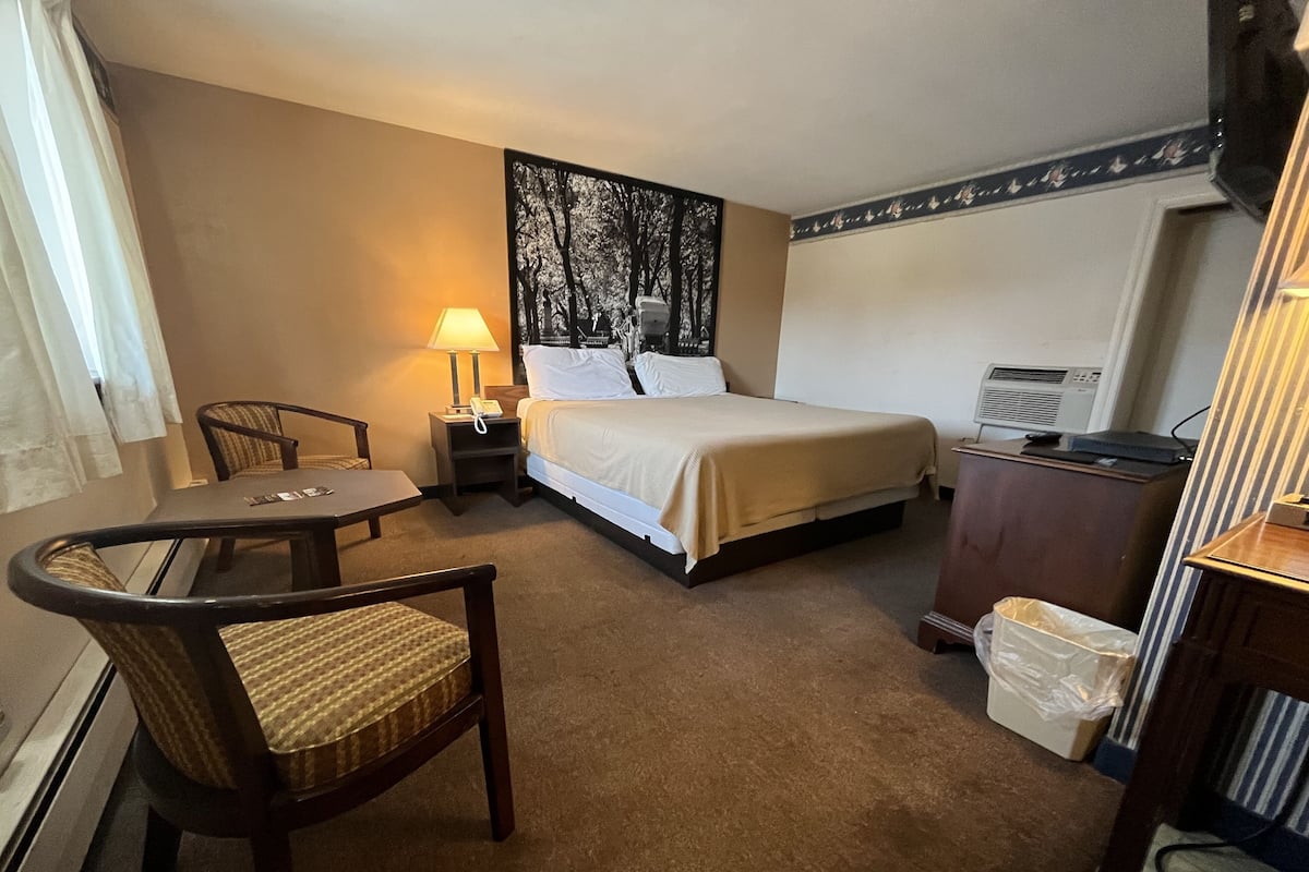 A hotel room with a bed, a desk, a chair, a lamp, a TV, and a painting on the wall.