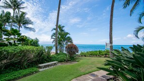Un jardin bien entretenu, avec un sentier menant à un banc, entouré d’une végétation luxuriante et de palmiers, et offrant une vue sur un océan bleu et limpide.