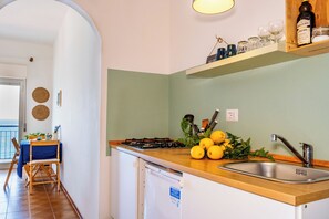 Fridge, stovetop, coffee/tea maker, electric kettle