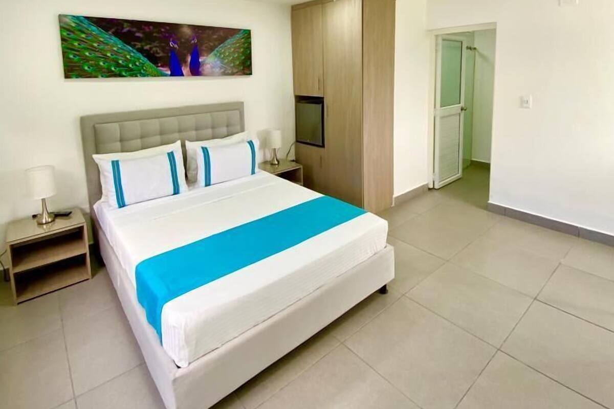 Un dormitorio moderno con una cama grande, una mesita de noche, un televisor y un armario.