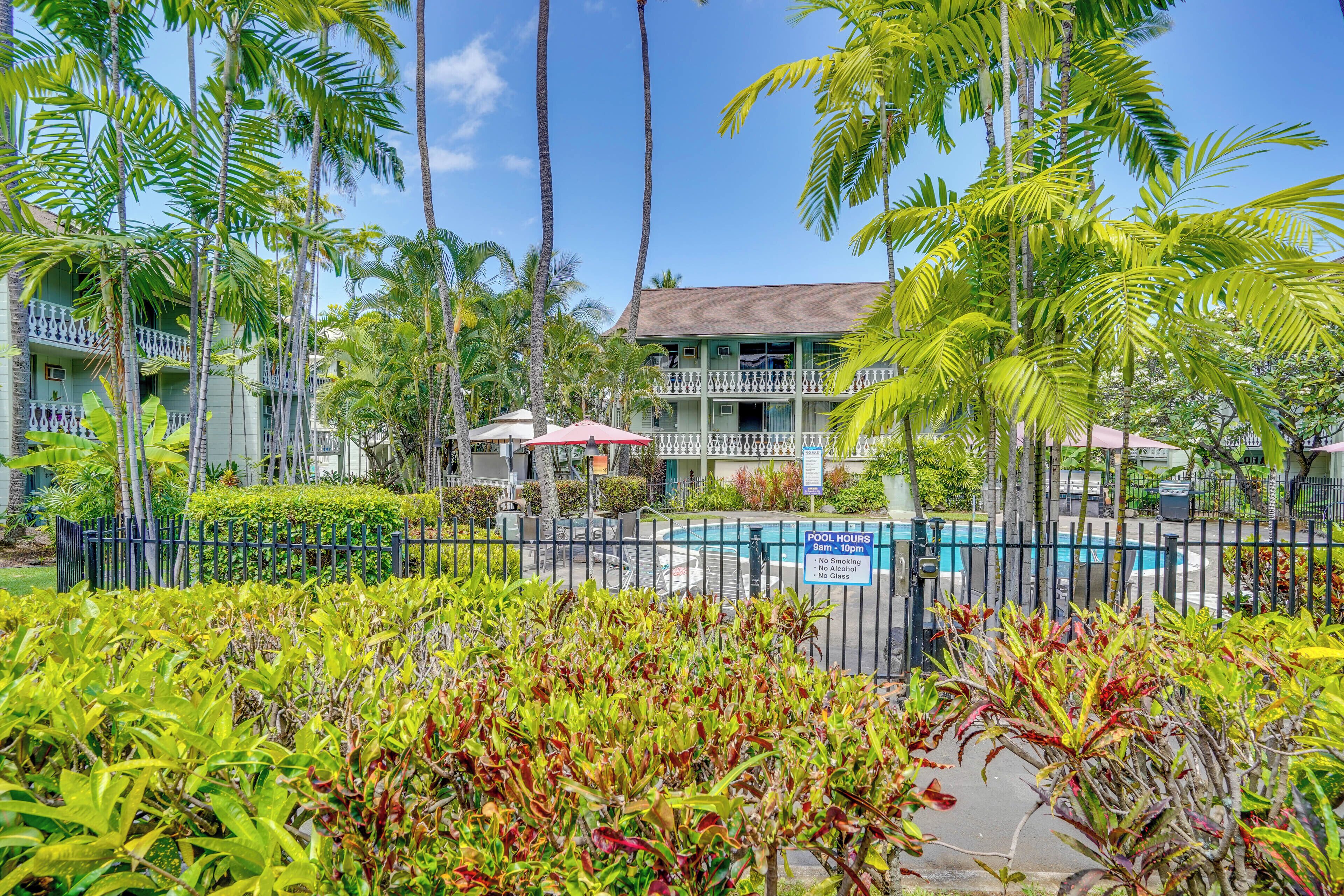 Un hotel con piscina rodeado de abundante vegetación y palmeras.