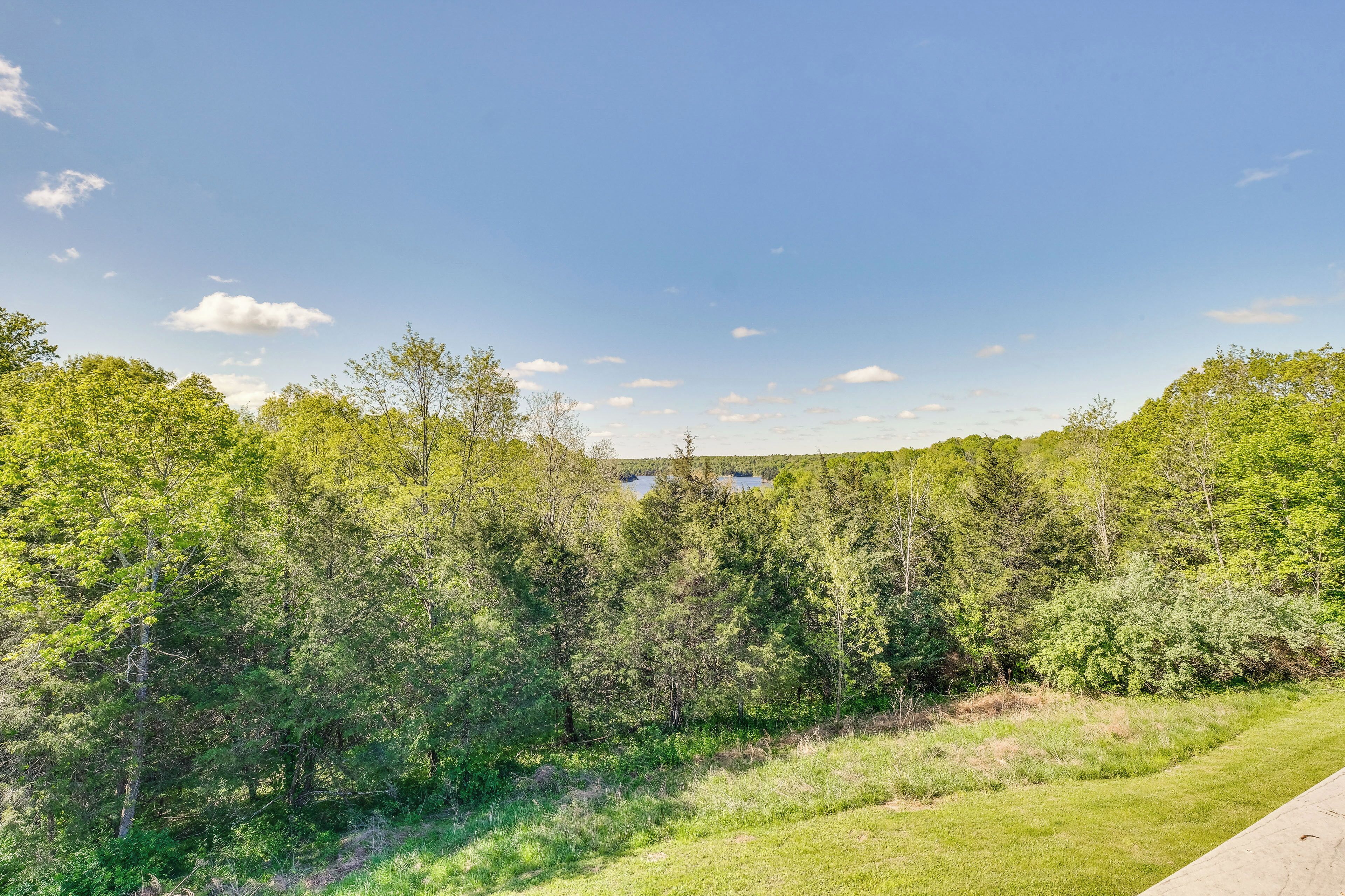 A natural landscape with dense trees and a clear sky.