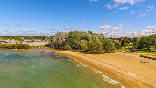 Uma praia com águas claras, faixa de areia e um parque com árvores e um pequeno edifício.