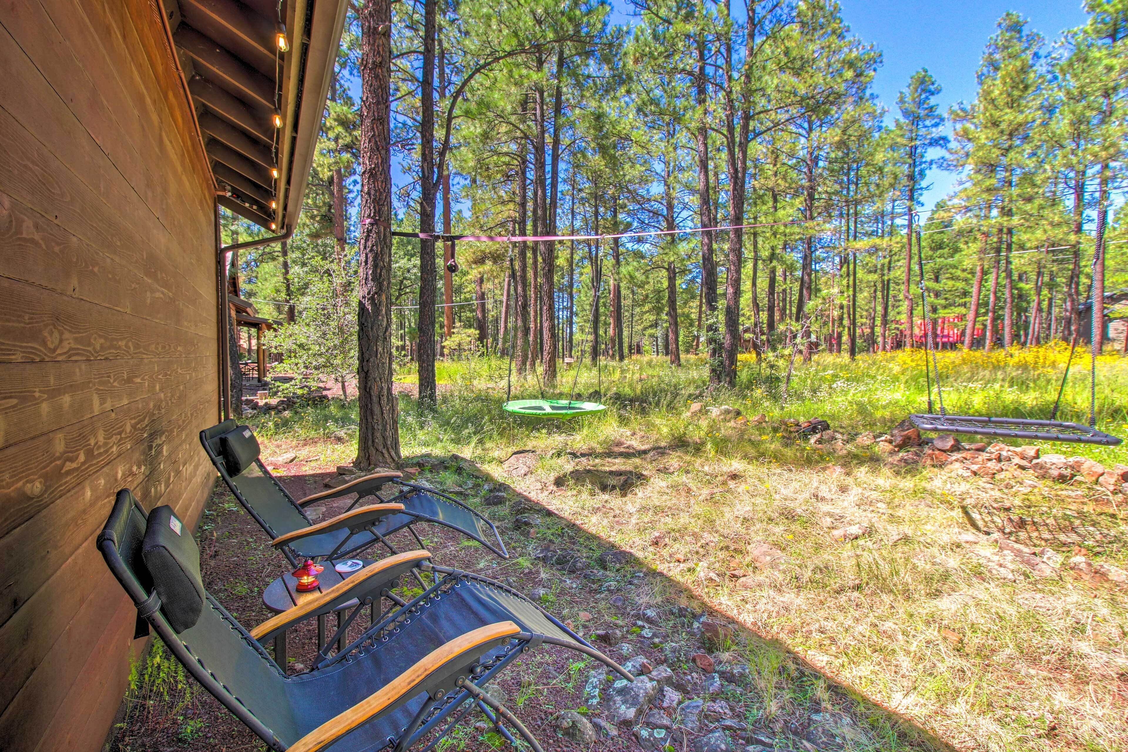 Eine Holzhütte mit zwei Liegestühlen davor, umgeben von einem Wald.