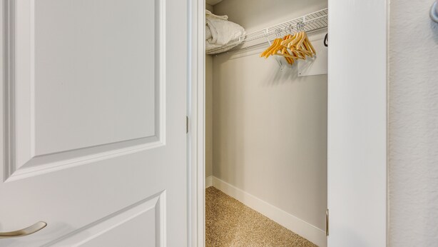 Ein Flur mit einer weißen Tür, einem Schrank mit Kleiderstange und einem beigen Teppich.