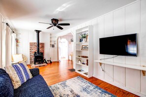 TV, fireplace, books - Charming Cabin w/ Hot Tub, Walk to Main St! (Woodland Park)