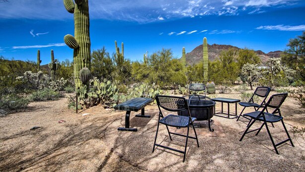 An outdoor seating area with tables and chairs, surrounded by cacti and desert vegetation.