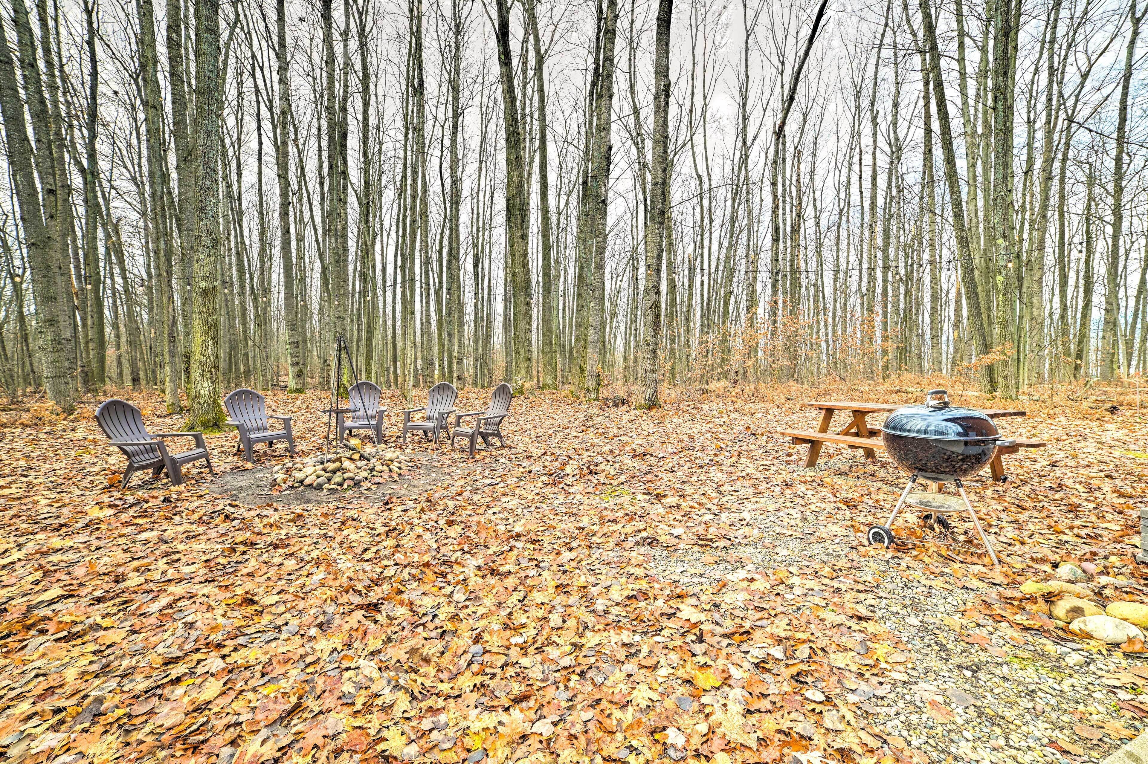 Ein Campingplatz mit Picknicktisch, Grill und mehreren Adirondack-Stühlen.