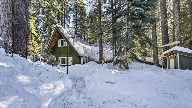 A cabin surrounded by snow-covered ground and tall trees. - 8 Mi to Heavenly Mtn Resort! Hot Tub Hideaway (South Lake Tahoe)