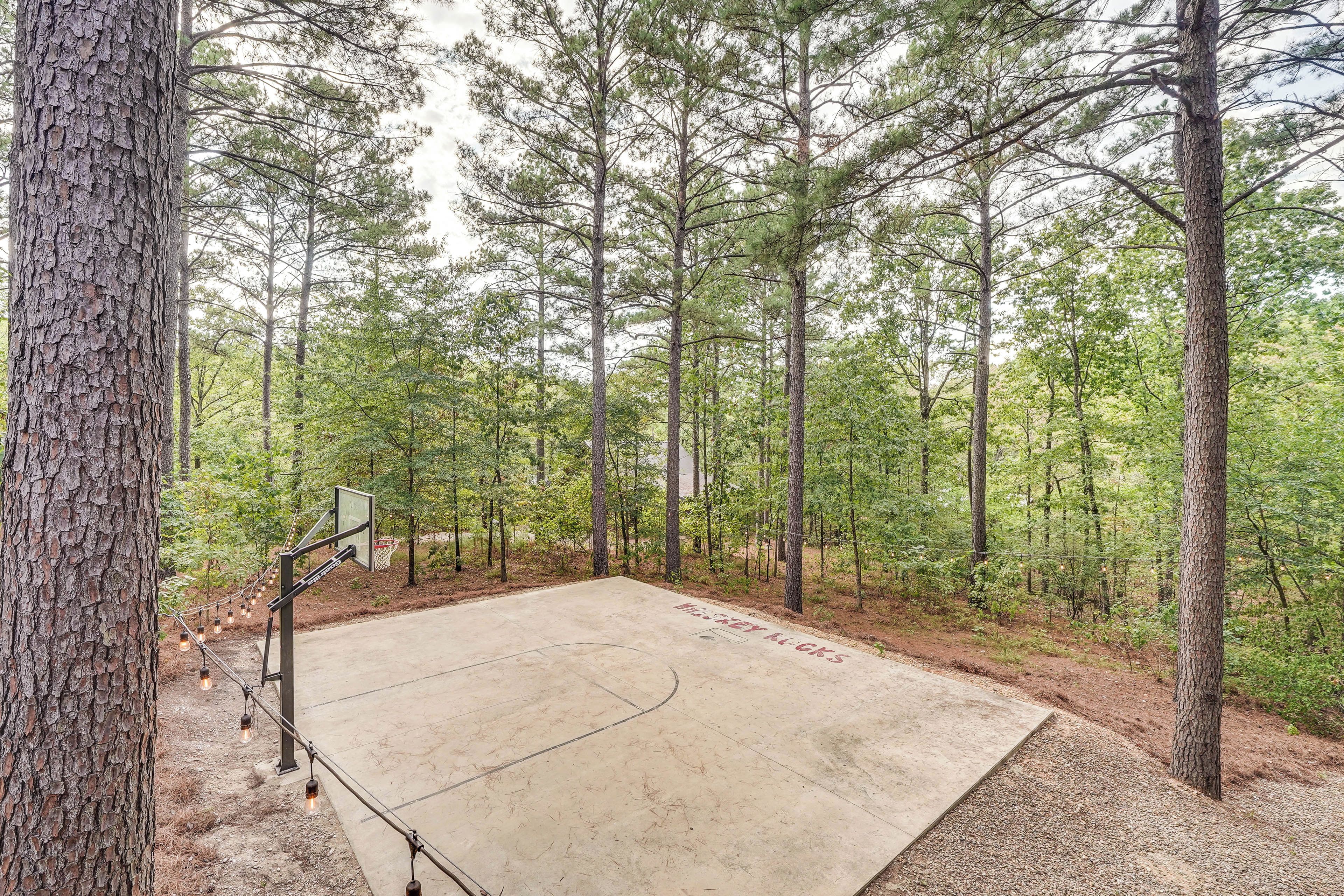 An outdoor basketball court surrounded by trees.