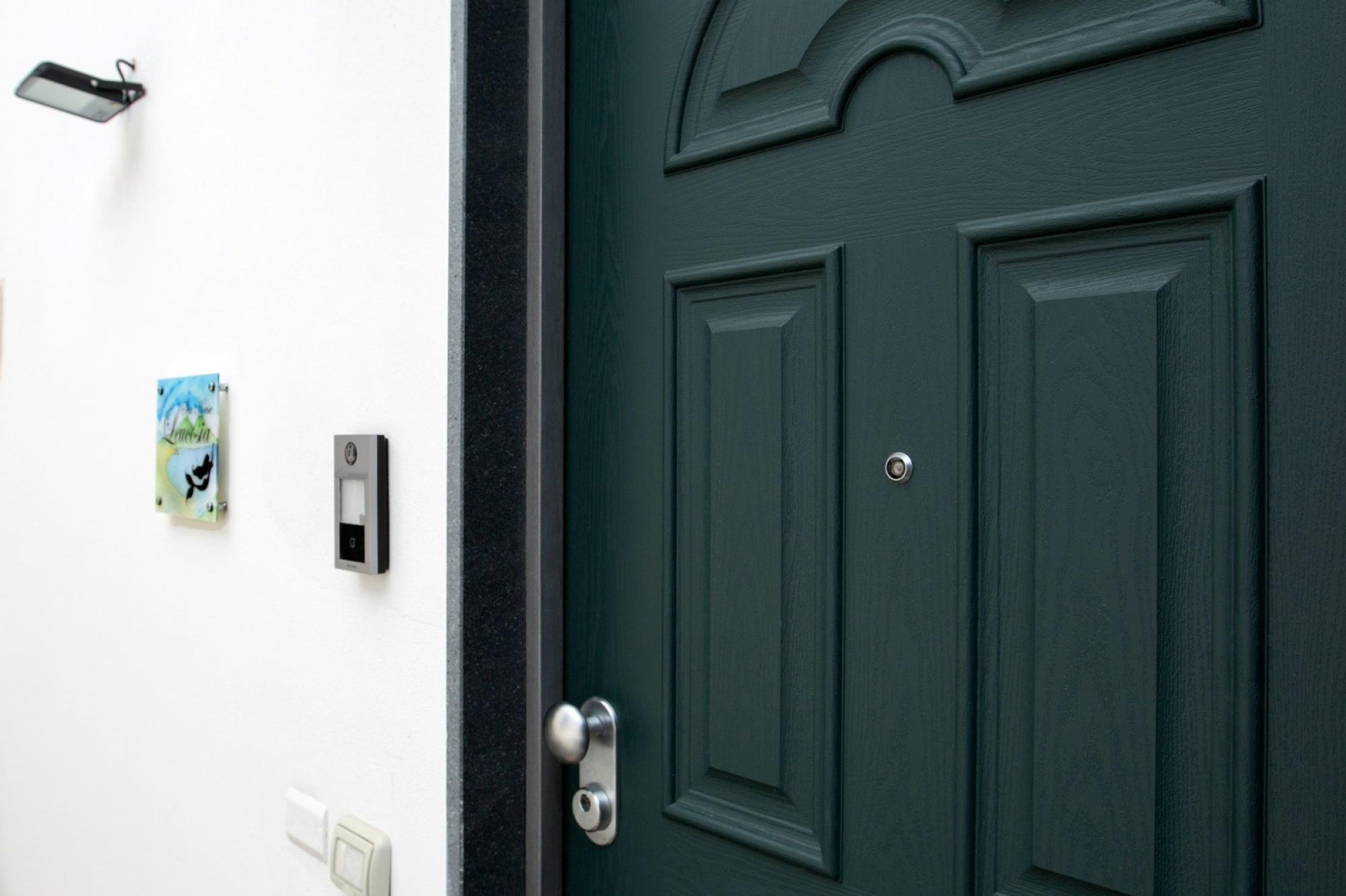 A dark green door with a traditional design, a wall-mounted intercom, and a small picture frame.