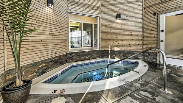 A spa area with a hot tub, a potted plant, and a window.