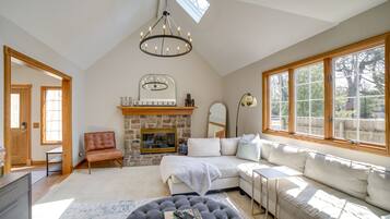 TV, fireplace, books