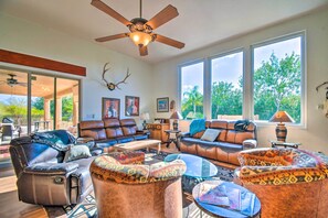 TV, fireplace, books - Luxe Apache Junction Escape w/ Pool & Hot Tub (Apache Junction)