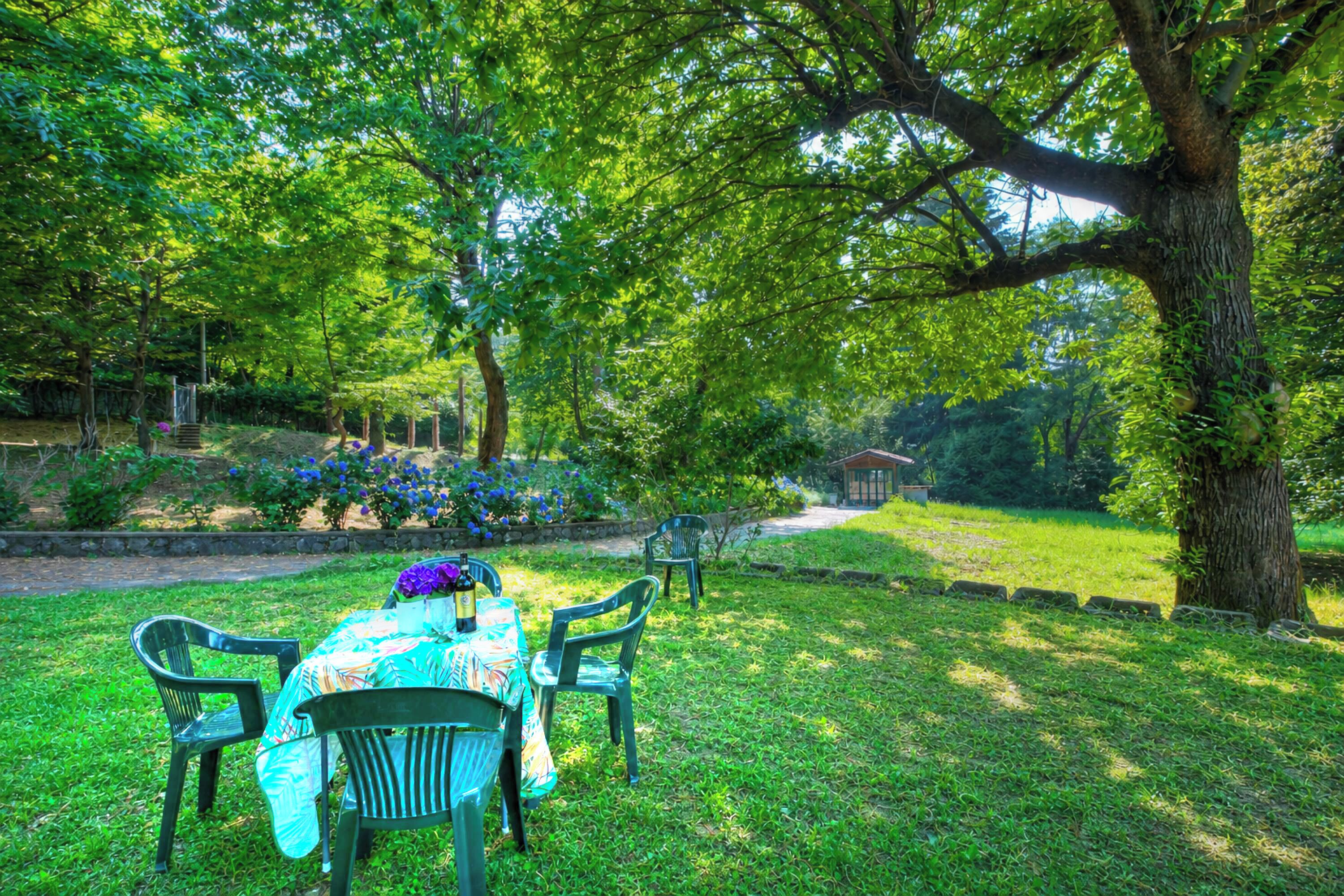 Un'area pranzo all'aperto con tavolo e sedie, immersa nel verde e alberi.