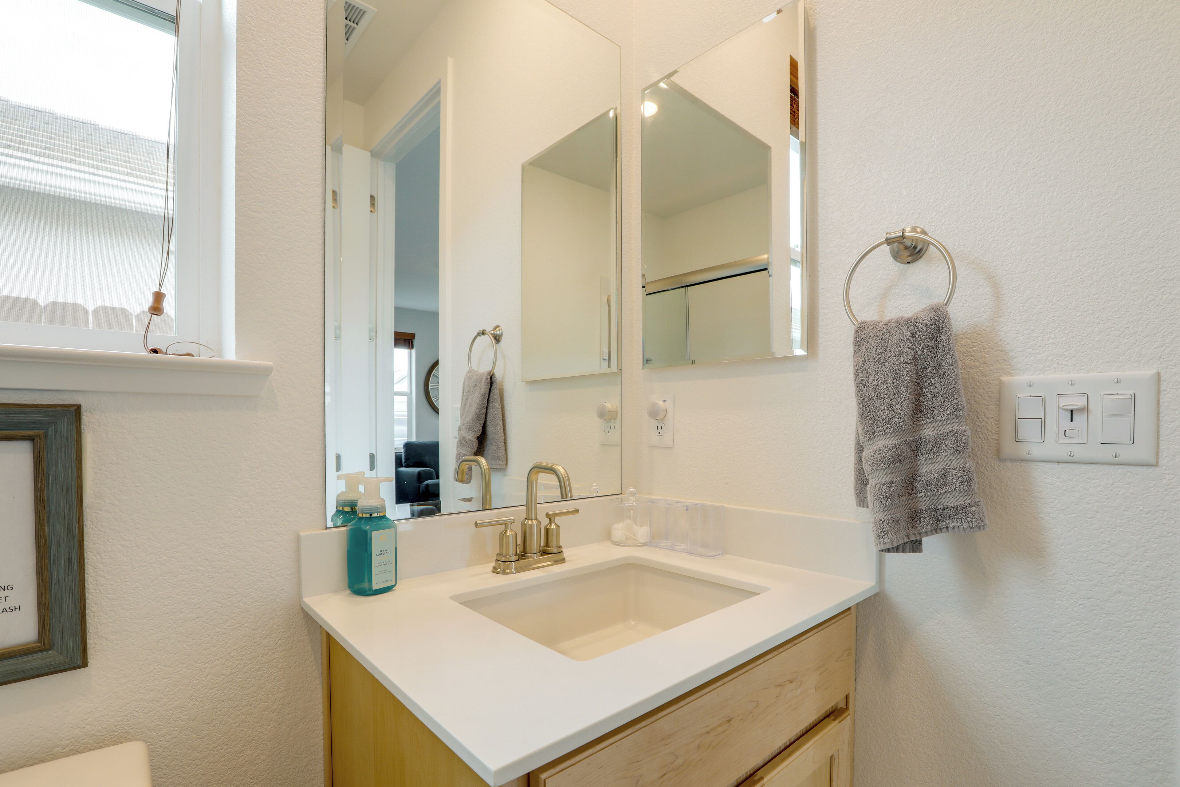 A bathroom with a white sink, a mirror, a towel ring, and a framed picture on the wall.