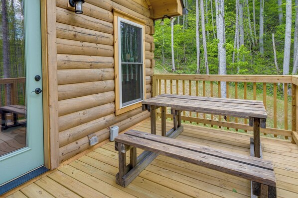 House (2 Bedrooms) | Interior - Furnished Deck & Fire Pit: Serene Marshall Cabin! (Marshall)