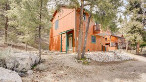 Una baita di legno con fondamenta in pietra, circondata da pini.